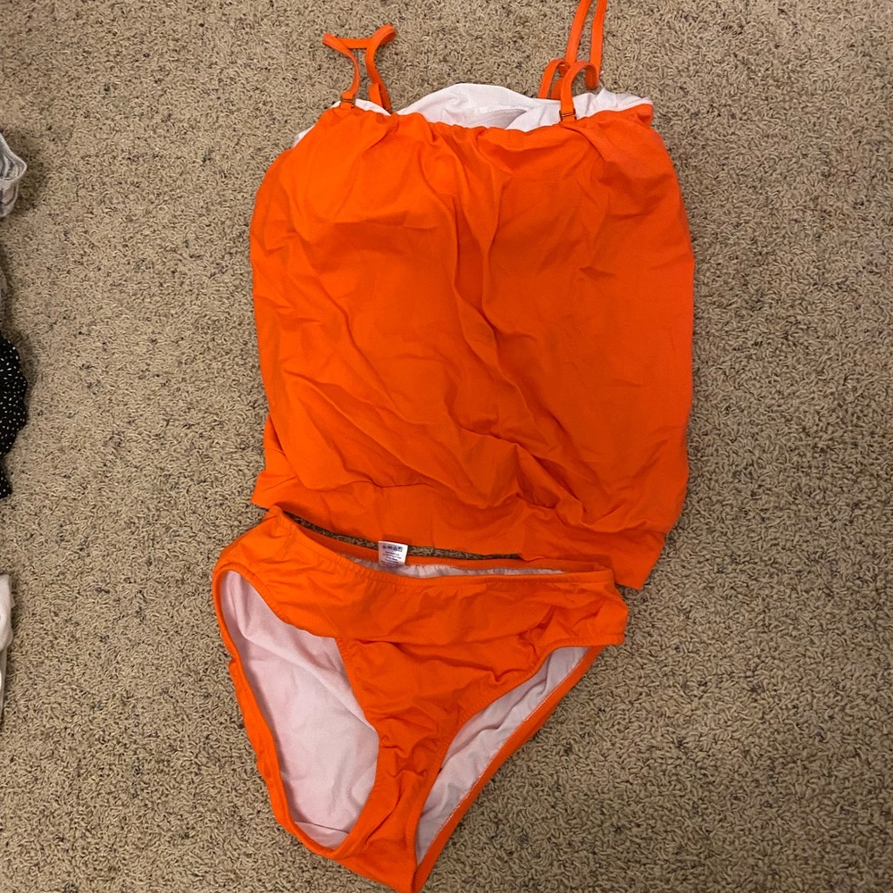 Venus neon orange tankini, top size 10, bottoms 14